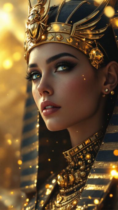 Woman dressed as an Egyptian queen, adorned with gold jewellery and dramatic makeup.
