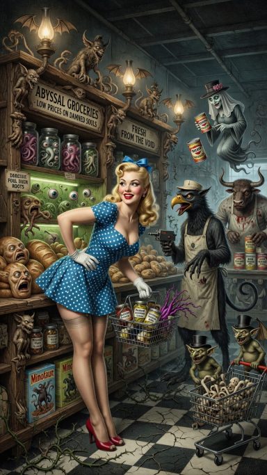 Abyssal A vintage-style shop with a woman in a blue dress and anthropomorphic animals.