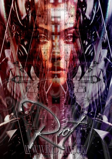 A digital art piece featuring a woman's face with abstract, futuristic elements and the word "Riot."