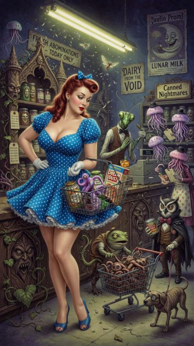 A woman in a blue dress holds a plant in a whimsical shop filled with quirky creatures.