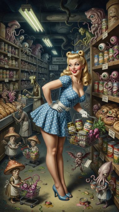 A vintage-styled woman in a blue dress poses in a whimsical pantry filled with creatures.