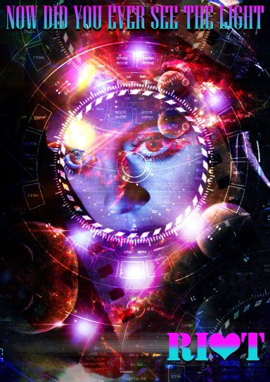 A vibrant, abstract composition featuring a woman's face surrounded by colourful cosmic elements.