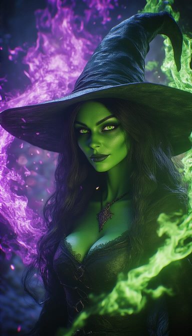 Twin Hex A green-skinned witch in a dark hat, surrounded by purple and green magical effects.