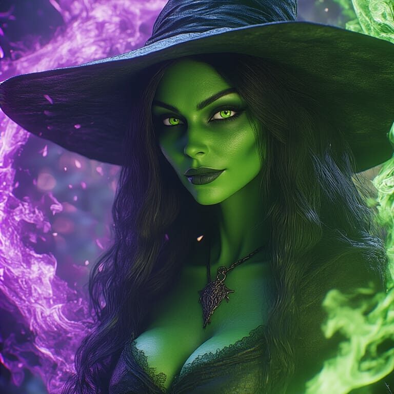 Mistress of the Emerald Flame A sorceress with green skin and a wide-brimmed hat, surrounded by magical aura.