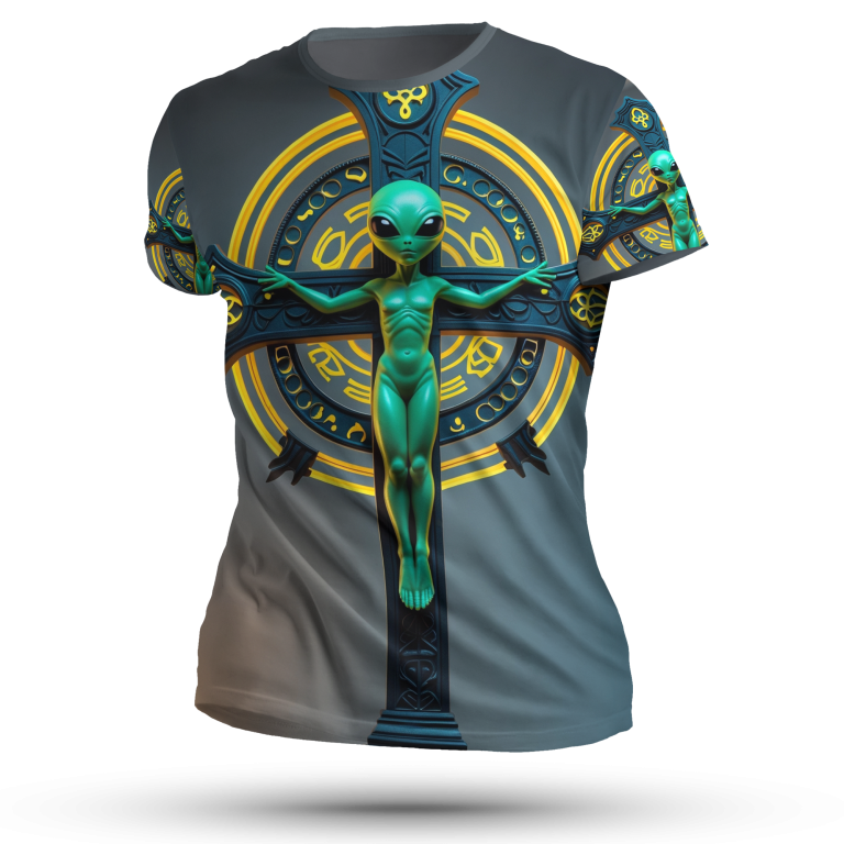 Dark-themed t-shirt featuring a vibrant, artistic depiction of a woman with blue hair and intricate designs.