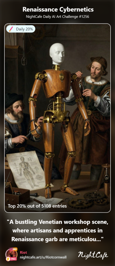 Automaton A wooden humanoid automaton displayed with two individuals in a Renaissance setting.