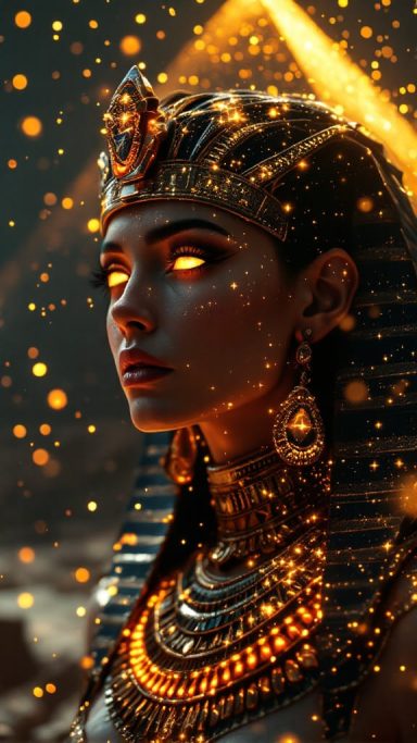 A woman with golden eyes adorned in ancient Egyptian jewellery and a headdress.