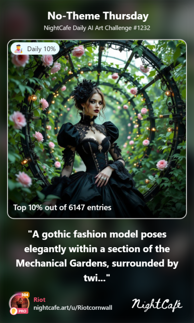 Synthesis A gothic fashion model poses elegantly in a lush, green garden.