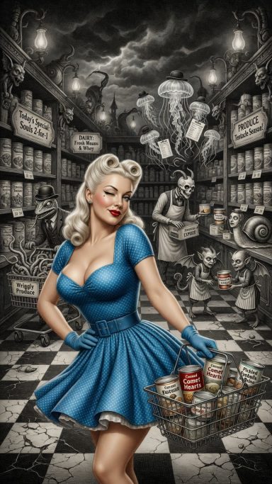 A retro-style woman in a blue dress holds a basket in a vintage store setting.